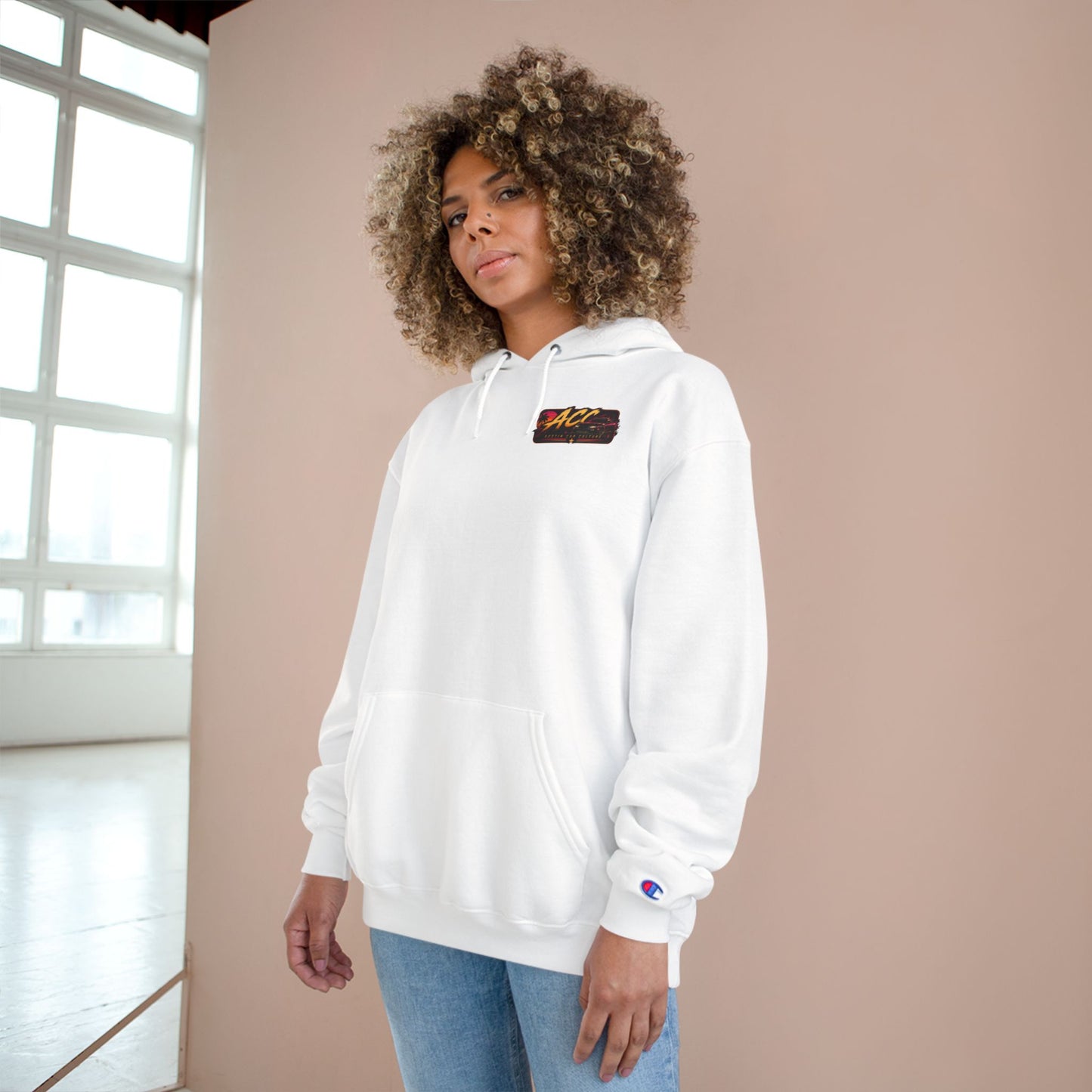 Champion Hoodie with Retro 'ACC' Sunset Graphic — Vintage Sports Pullover