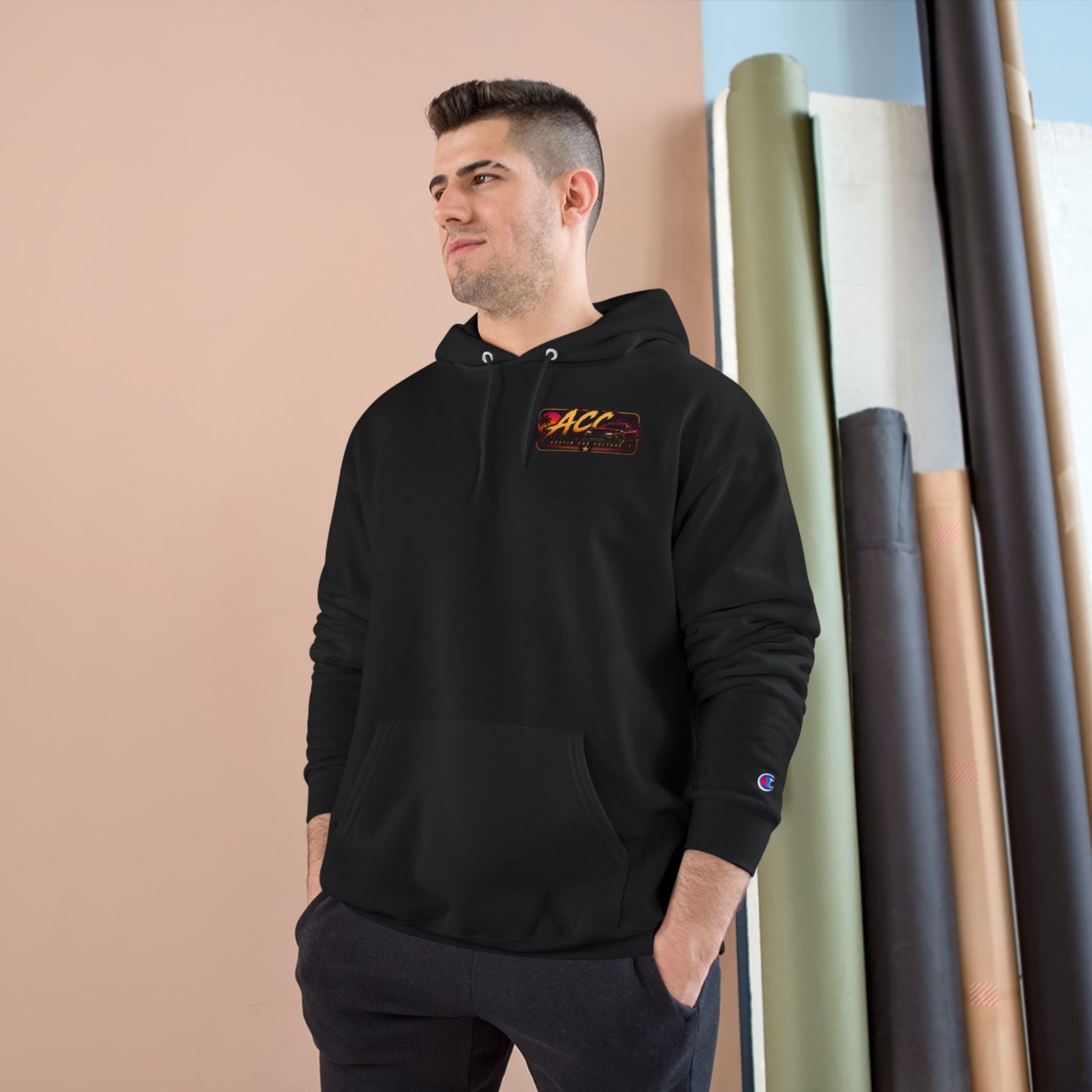 Champion Hoodie with Retro 'ACC' Sunset Graphic — Vintage Sports Pullover